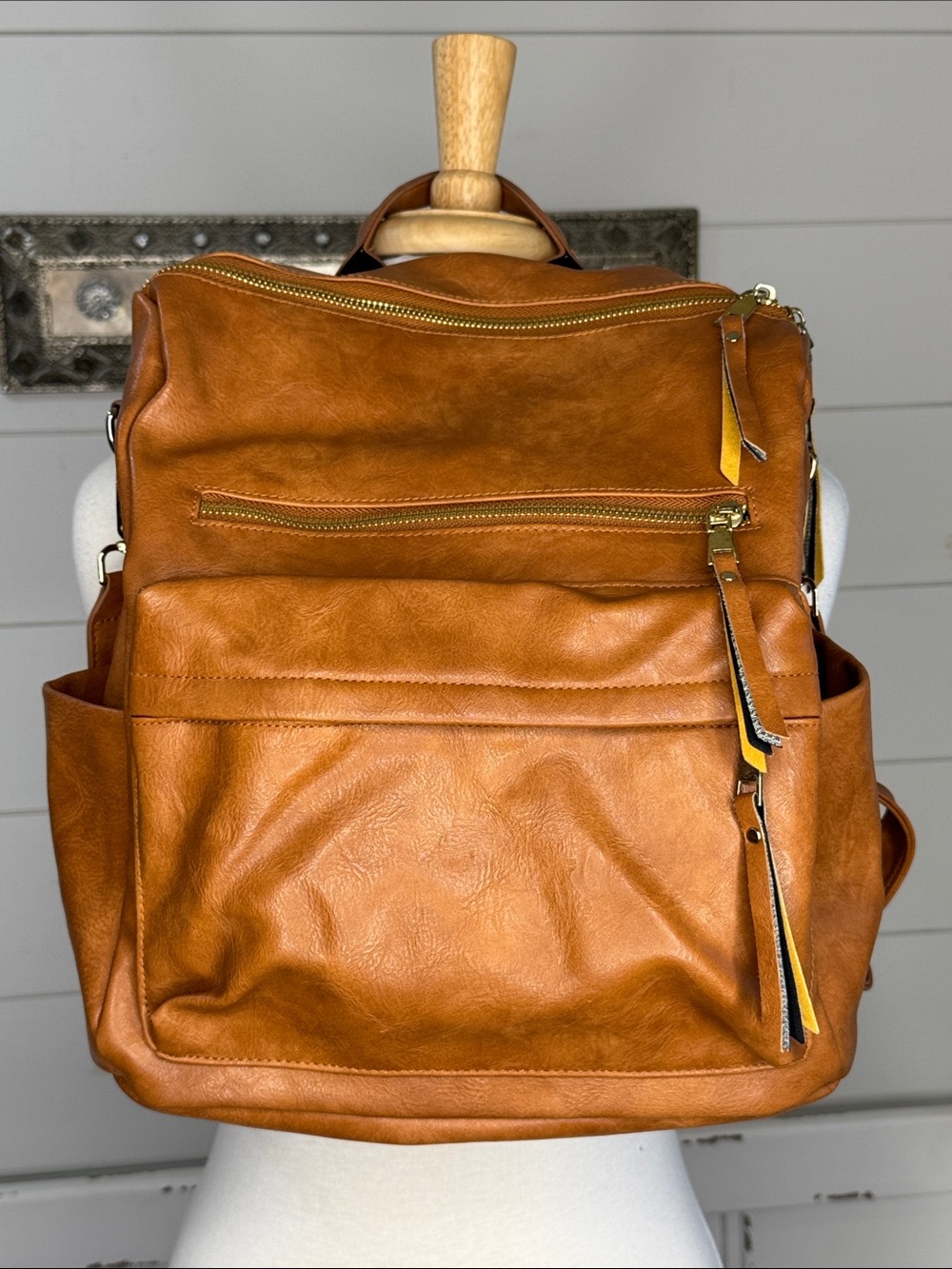 Women's Tan Faux Leather Backpack with Front Pockets